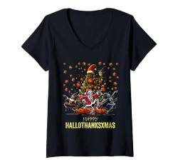 Damen Happy Hallothanksxmas Halloween Thanksgiving Weihnachtsbaum T-Shirt mit V-Ausschnitt von Hallothanksxmas Halloween Thanksgiving Christmas