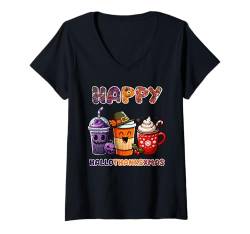 Damen Happy Hallothanksxmas Kakao Halloween Thanksgiving Weihnachten T-Shirt mit V-Ausschnitt von Hallothanksxmas Halloween Thanksgiving Christmas