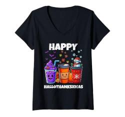 Damen Happy Hallothanksxmas Kakao Halloween Thanksgiving Weihnachten T-Shirt mit V-Ausschnitt von Hallothanksxmas Halloween Thanksgiving Christmas