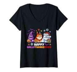 Damen Happy Hallothanksxmas Katze Halloween Thanksgiving Weihnachten T-Shirt mit V-Ausschnitt von Hallothanksxmas Halloween Thanksgiving Christmas