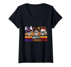 Damen Happy Hallothanksxmas Schädel Halloween Thanksgiving Weihnachten T-Shirt mit V-Ausschnitt von Hallothanksxmas Halloween Thanksgiving Christmas