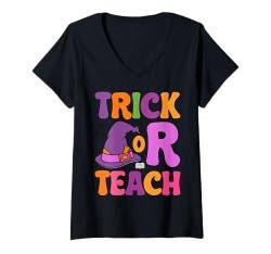 Damen Trick Or Teach Retro Halloween Groovy Kostüm Herren Damen T-Shirt mit V-Ausschnitt von Halloween Adult Costume