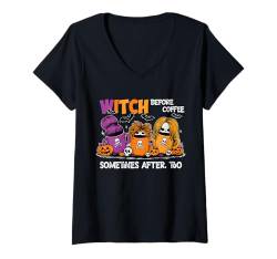 Damen Witchy Before Coffee Retro Halloween Groovy Erwachsenenkostüm T-Shirt mit V-Ausschnitt von Halloween Adult Costume