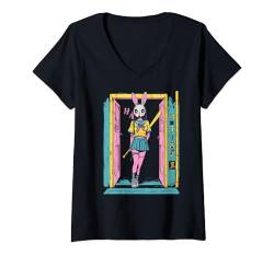 Damen Gruseliges Mädchen Bunny Grunge Slasher Pastell Goth Anime Horror T-Shirt mit V-Ausschnitt von Halloween Bunny Mask Girl Horror Kawaii Goth co.