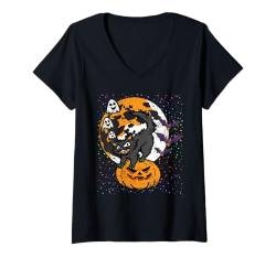 Damen Katze Kürbis Halloween Design Gruseliges Kätzchen Geist Fledermäuse Mond T-Shirt mit V-Ausschnitt von Halloween Cat Design Men Women Kids