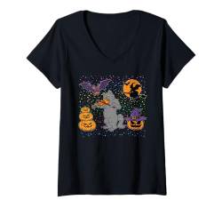 Damen Katze spielt Violine Halloween Design Lustiger Kürbis Hexe Fledermaus T-Shirt mit V-Ausschnitt von Halloween Cat Design Men Women Kids