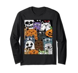 Katze gedruckt Halloween Design gruseliger Totenkopf Skelett Kürbis Langarmshirt von Halloween Cat Design Men Women Kids