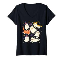 Damen Süßes schwarzes Katzengeisterhexe Halloween-Kostüm für Katzenliebhaber T-Shirt mit V-Ausschnitt von Halloween Cat For Men Women Girls Kids Spooky co.