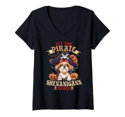 Damen Let The Pirate Shenanigans Begin Shih Tzu Halloween Pirate T-Shirt mit V-Ausschnitt von Halloween Costume Spooky Season Men Women Kids