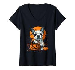 Damen Mummy French Bulldog Pumpkin Scary Halloween Dog Lovers T-Shirt mit V-Ausschnitt von Halloween Costume Spooky Season Men Women Kids