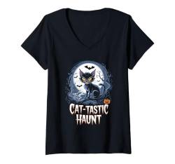 Damen Halloween Katze Mond Katze Tastic Haunt T-Shirt mit V-Ausschnitt von Halloween Costume Tees For Boys Girls Men Women