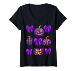 Damen Halloween Ghost Fall Kürbis Kokette Schleife Retro Geister Schleifen T-Shirt mit V-Ausschnitt von Halloween Costumes Shopp