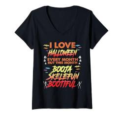 Damen I love Halloween Design Gruseliger Totenkopf Skelett Geist T-Shirt mit V-Ausschnitt von Halloween Design Men Women Kids