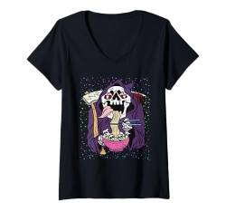 Damen Sensenmann Halloween Design Lustiger Totenkopf Japanischer Ramen T-Shirt mit V-Ausschnitt von Halloween Design Men Women Kids