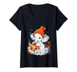 Damen Halloween Kürbis Blumen Frau Männer Kinder Elefant Halloween T-Shirt mit V-Ausschnitt von Halloween Elefant Kostüm Damen Herren Halloween