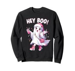 Cute Ghost Hey Boo! Halloween Ghost Santa's Hat Spooky funny Sweatshirt von Halloween Ghost Drinking ice Coffee By GnineZa