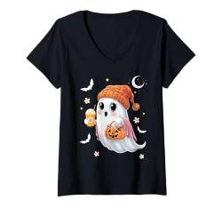 Damen Cute Ghost Drinking Coffee Halloween Ghost-Ice Coffee Lover T-Shirt mit V-Ausschnitt von Halloween Ghost Drinking ice Coffee By GnineZa