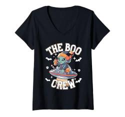 Damen Funny Halloween UFO Alien Ghost The Boo Crew for Kids Boy T-Shirt mit V-Ausschnitt von Halloween Ghost Drinking ice Coffee By GnineZa