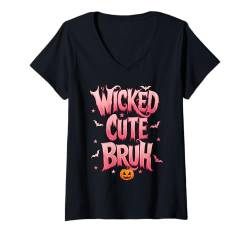 Damen Halloween Ghost Girl's Cute Trick or Treat Wicked Cute Bruh T-Shirt mit V-Ausschnitt von Halloween Ghost Drinking ice Coffee By GnineZa