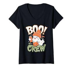 Damen The Boo! Crew Halloween Cute Ghost Drinking Ice Coffee Squad T-Shirt mit V-Ausschnitt von Halloween Ghost Drinking ice Coffee By GnineZa