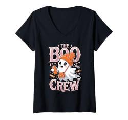 Damen The Boo Crew Halloween Cute Ghost Drinking Ice Coffee Squad T-Shirt mit V-Ausschnitt von Halloween Ghost Drinking ice Coffee By GnineZa