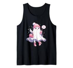 Ghost Hey Boo! Halloween Cute Ghost Santa's Hat Peace Sign Tank Top von Halloween Ghost Drinking ice Coffee By GnineZa