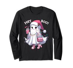 Ghost Hey Boo! Halloween Ghost Santa's Hat Christmas lights Langarmshirt von Halloween Ghost Drinking ice Coffee By GnineZa