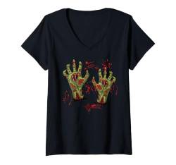 Damen Halloween Blutige Hände Blutspritzer Kostüm Zombie Herren T-Shirt mit V-Ausschnitt von Halloween Kostüm Blut Vampir Verkleidung Damen