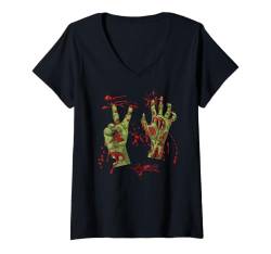 Damen Halloween Zombie Blutige Hände Blutspritzer Kostüm Herren T-Shirt mit V-Ausschnitt von Halloween Kostüm Blut Vampir Verkleidung Damen