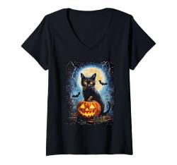 Damen Halloween Deko Frauen Katze Kürbis Männer Kinder Halloween T-Shirt mit V-Ausschnitt von Halloween Kostüm Damen Halloween Outfit Herren