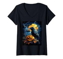 Damen Halloween Deko Frauen Krähe Kürbis Männer Kinder Halloween T-Shirt mit V-Ausschnitt von Halloween Kostüm Damen Halloween Outfit Herren