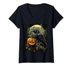 Damen Halloween Deko Frauen Krähe Kürbis Männer Kinder Halloween T-Shirt mit V-Ausschnitt von Halloween Kostüm Damen Halloween Outfit Herren