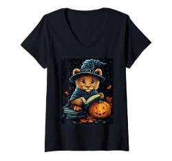 Damen Halloween Frauen Löwe Buch Kürbis Männer Kinder Halloween T-Shirt mit V-Ausschnitt von Halloween Kostüm Damen Herren Halloween Outfit