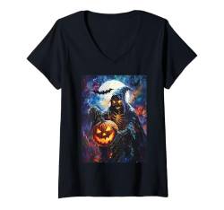 Damen Halloween Kürbis Frauen Deko Männer Sensenmann Halloween T-Shirt mit V-Ausschnitt von Halloween Kostüm Damen Herren Halloween Outfit