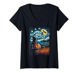 Damen Halloween Kürbis Frauen Deko Männer Sensenmann Halloween T-Shirt mit V-Ausschnitt von Halloween Kostüm Damen Herren Halloween Outfit