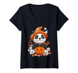 Damen Halloween Kürbis Blumen Frauen Männer Kinder Panda Halloween T-Shirt mit V-Ausschnitt von Halloween Panda Kostüm Damen Herren Halloween Deko