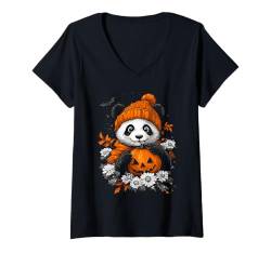 Damen Halloween Kürbis Blumen Frauen Männer Kinder Panda Halloween T-Shirt mit V-Ausschnitt von Halloween Panda Kostüm Damen Herren Halloween Deko