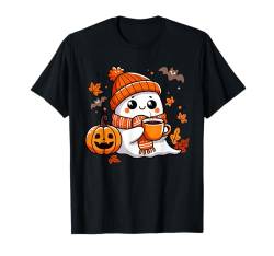 Halloween-Geist trinkt Kaffee, süßes Kawaii-Halloween T-Shirt von Halloween Party Costumes Women Men Kids Boys Girls