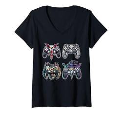 Damen Spooky Gamer Halloween Skelett Zombie Mummy Video Gamer T-Shirt mit V-Ausschnitt von Halloween Party Gaming Gear Kids