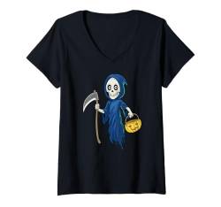 Damen Halloween Kostüm Kinder lustiges Sensenmann Zombie Skelett T-Shirt mit V-Ausschnitt von Halloween Party Kostüm Damen Grusel Deko Geschenk