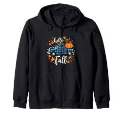 Hello Fall Shirt Lustig Halloween Kürbis Büffel Plaid Truck Kapuzenjacke von Halloween Pumpkin Buffalo Plaid Truck Hello Fall