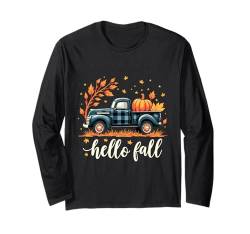 Hello Fall Shirt Lustig Halloween Kürbis Büffel Plaid Truck Langarmshirt von Halloween Pumpkin Buffalo Plaid Truck Hello Fall