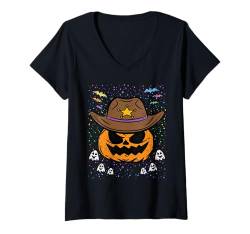 Damen Kürbis Cowboy Halloween Design Lustiges Rodeo T-Shirt mit V-Ausschnitt von Halloween Pumpkin Design Men Women Kids