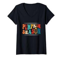 Damen Kürbissaison Halloween Design T-Shirt mit V-Ausschnitt von Halloween Pumpkin Design Men Women Kids