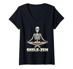 Damen Meditierendes Skelett Halloween Design Lustiges Yoga Zen Wortspiel T-Shirt mit V-Ausschnitt von Halloween Skeleton Design Men Women Kids