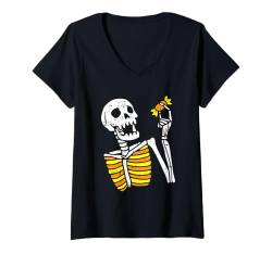 Damen Skelett Essen Süßigkeiten Halloween Design Lustiger Knochen Schädel T-Shirt mit V-Ausschnitt von Halloween Skeleton Design Men Women Kids