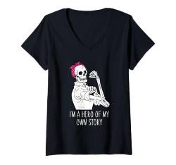 Damen Skelett Messy Bun Halloween Design Lustiger Totenkopf Mädchen Frauen T-Shirt mit V-Ausschnitt von Halloween Skeleton Design Men Women