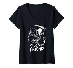 Damen Skelett Sensenmann Halloween Design Gruseliger Totenkopf Freund T-Shirt mit V-Ausschnitt von Halloween Skeleton Design Men Women