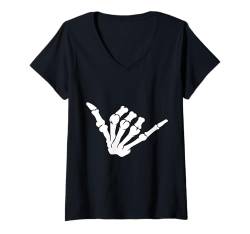 Damen Lustiges Skelett Hände Herz Schild Retro Kostüm Halloween niedlich T-Shirt mit V-Ausschnitt von Halloween Skeleton Hand Sign Costume Women Men Kid