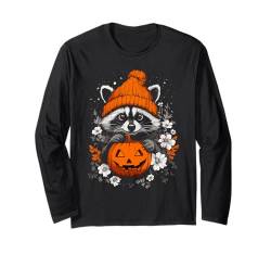 Halloween Kürbis Blumen Frau Mann Kinder Waschbär Halloween Langarmshirt von Halloween Waschbär Kostüm Damen Herren Halloween